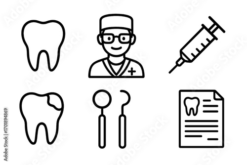 Dentistry outline icon set for dental clinic. Vector line art symbols of dentist, tooth with caries, syringe for anesthesia, medical instruments and patient prescription.