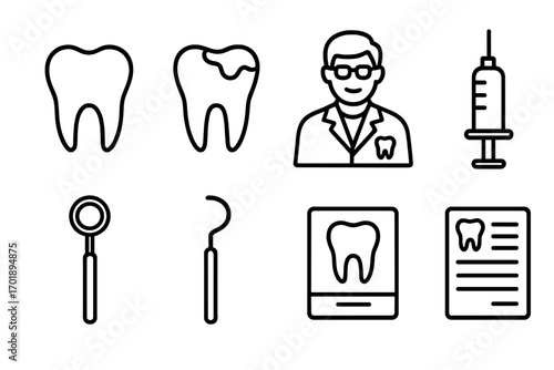 Dentistry icon set. Dental care outline symbols collection. Tooth, dentist, caries, syringe, x-ray, doctor tools. Stomatology vector graphic for examination concept.