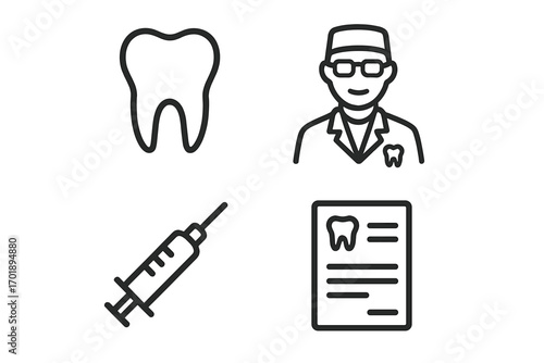 Dentist line icon set. Dentistry, dental care, stomatology symbols. Tooth, doctor, syringe for anesthesia, prescription icons. Oral hygiene, healthcare, medicine vector pictogram.
