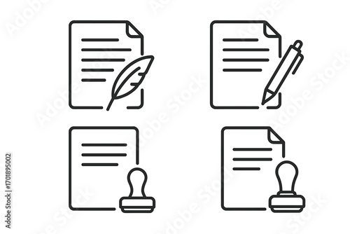 Document line icon set. Contract signing and approval icons. Signature with pen and feather quill. Notary stamp and legal agreement symbol. Editable stroke vector paperwork.