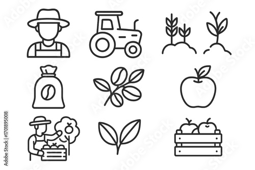 Farming agriculture icon set. Farmer, tractor, coffee bean, apple harvest elements. Line art vector collection for infographic, banner, book. Editable stroke cartoon style.
