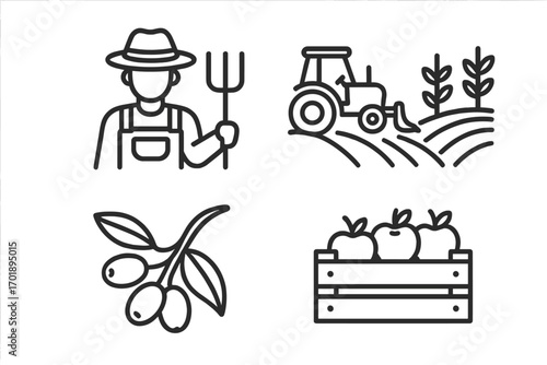 Farming agriculture line icon set. Farmer with pitchfork, tractor plowing field, olive branch, apples in crate. Vector outline collection for harvest and cultivation concepts.