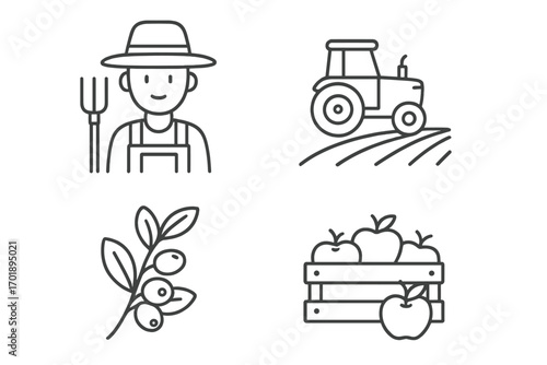 Farming and agriculture outline icon set. Farmer with pitchfork, tractor on field, apple harvest in crate, coffee branch with berries. Vector linear pictogram collection.