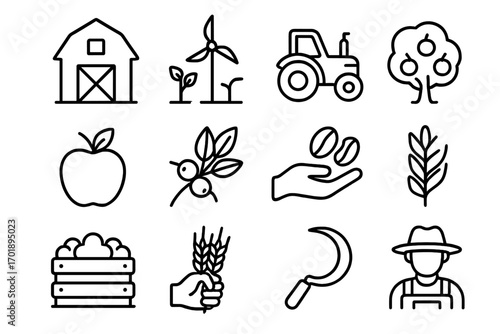 Farming and agriculture icon set. Harvest concept with farmer, tractor, barn, apple, coffee, and wheat. Organic food and renewable energy in farming vector outline signs.