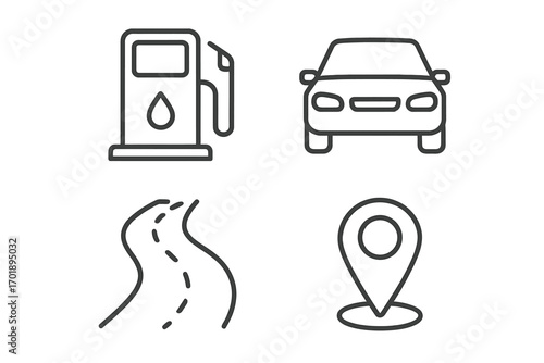 Travel and navigation line icon set with gas station, car, road, and map pin. Vector symbols for transportation, destination, and automotive services. Editable stroke.
