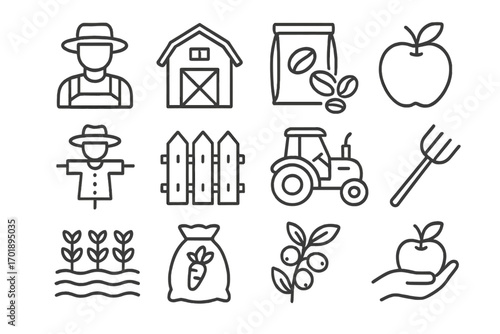 Farming and agriculture line icon set. Farmer, barn, tractor, harvest vector symbols. Includes apple, coffee beans, carrot, scarecrow. Editable stroke outline pictogram pack.