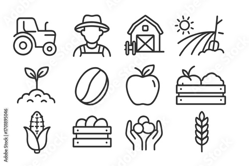 Farming and agriculture line icon set. Farmer, tractor, barn, harvest concepts. Apple, coffee, corn, wheat crop symbols. Food production vector pictogram collection.