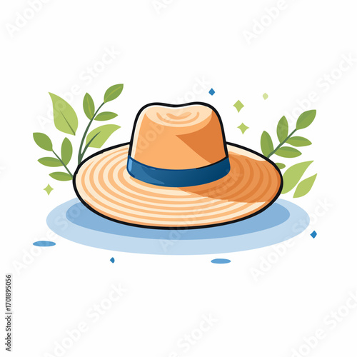 Beige Straw Sun Hat with Blue Band Green Leaves Light Blue Background