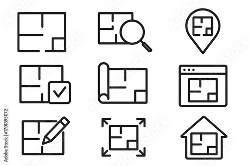 Floor plan vector icon set for real estate and architecture. Thin line symbols for web and apps. Includes blueprint, house plan, search, location, and edit icons. Editable stroke.