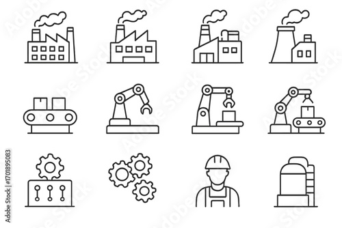 Industry and manufacturing icon set. Factory, automation, robotic arm, conveyor belt, production line, worker symbols. Editable stroke vector line icons for infographics.