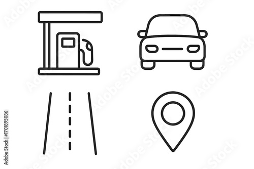 Travel and transport thin line icon set. Gas station, automobile, highway, and map pin symbols. Automotive service, fueling, road trip, journey, destination, GPS, location.