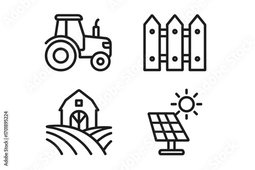 Agriculture line icon set. Farm and farming vector symbols. Tractor, barn on field, fence, and solar panel icons for sustainable, eco-friendly modern agriculture.