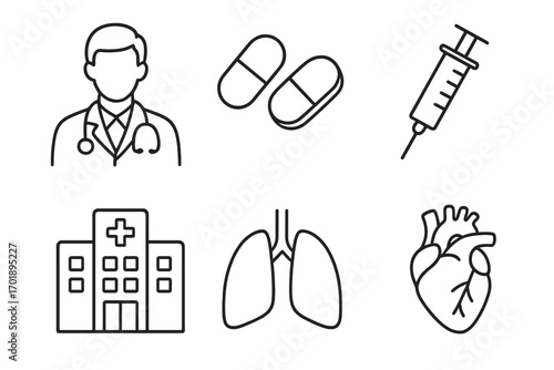 Medical and healthcare line icon set. Vector symbols of doctor, pills, syringe, hospital, heart, lungs. Thin outline icons for web design, apps, and infographics. Health concept.