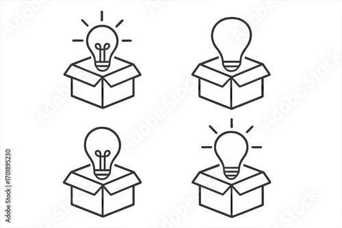 Thinking outside the box line icon set. Light bulb emerging from a package as a metaphor for creativity, new ideas, innovation, solution, and startup launch. Vector outline.