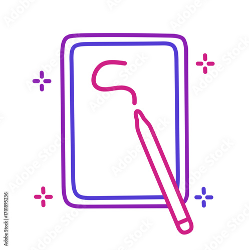 Tablet with digital stylus icon in purple and pink gradient design representing creative technology drawing illustration graphic design device and modern digital art tool on white background