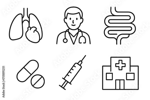 Healthcare line icon set. Medicine symbols for web, app. Doctor, clinic, hospital, pharmacy, lungs, heart, intestine, syringe, pills vector pictogram collection.