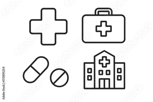 Medical line icon set. Vector symbols for healthcare, hospital, pharmacy, and first aid. Outline graphics of a cross, doctor bag, pills, and clinic for web and mobile.