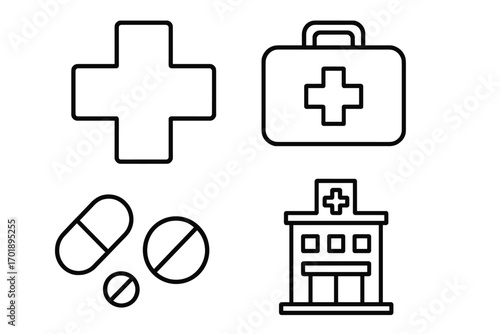 Medical icon set. Healthcare line art collection. Includes hospital, first aid kit, pills, and cross symbols. Vector illustration for infographics, web design, and print.