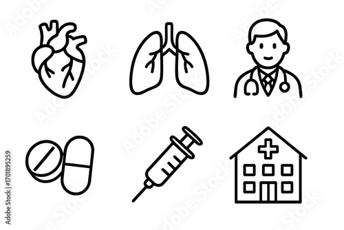 Medical and healthcare line icon set. Vector symbols for hospital, clinic, doctor, and pharmacy. Contains heart, lungs, pills, and syringe. Simple outline icons for web, app design.