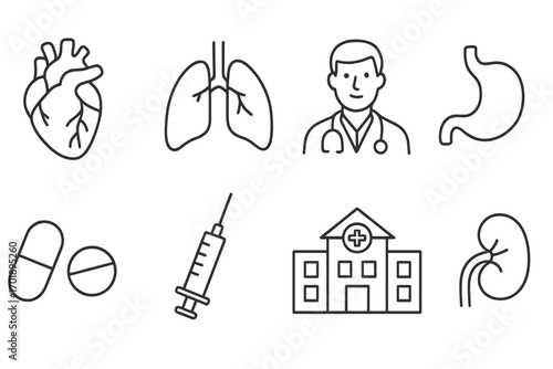 Medical line icon set for healthcare. Vector graphic collection of doctor, hospital, clinic, and human organs like heart, lungs, kidney, and stomach. Syringe & pills icons.