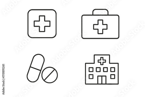 Medical and healthcare line icon set. First aid kit, hospital, medicine pills, and pharmacy cross symbol. Outline vector pictogram collection for health and treatment.