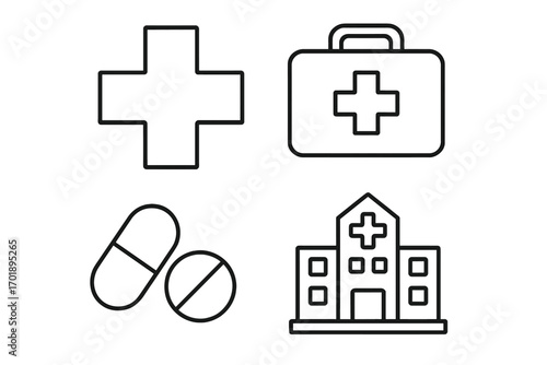 Medical and healthcare icon set. Outline collection with hospital, first aid kit, pills, and cross symbols. Simple vector line art for infographics, web design, and emergency care.