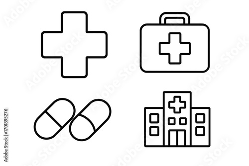 Medical and healthcare icon set. Line art collection with hospital, clinic, first aid kit, pills, and cross symbol. Vector for emergency, treatment, pharmacy concepts.