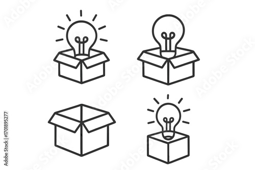 Thinking outside the box concept. Light bulb and package line icon set. Creativity, innovation, and new idea symbol. Unboxing a solution. Vector illustration for web, apps.
