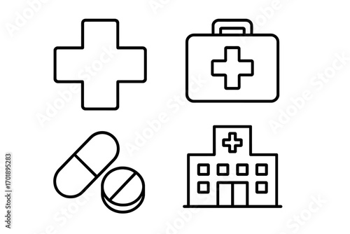 Healthcare and medicine line icon collection. Vector set includes hospital, first aid kit, pills, and medical cross symbols. For pharmacy, clinic, and emergency concepts.