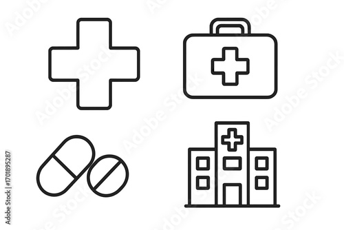 Medical icon set with editable stroke. Simple outline icons of hospital, first aid kit, pills, and plus sign. Vector symbols for healthcare, medicine, pharmacy, and emergency.