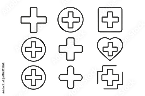 Medical cross hospital symbol set of thin line icons. Health care plus sign. Emergency first aid concept. Medicine, pharmacy, doctor, clinic pictogram. Editable stroke vector.