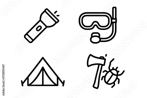 Camping & outdoor activity line icon set for travel and adventure. Vector pack with editable stroke. Includes flashlight, diving mask, tent, axe, insect for web and app design.