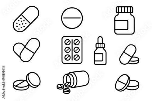 Pills and medication thin line icon set. Vector collection of medical drugs, pharmacy symbols. Healthcare and treatment concepts. Includes capsule, tablet, bottle, and blister pack.