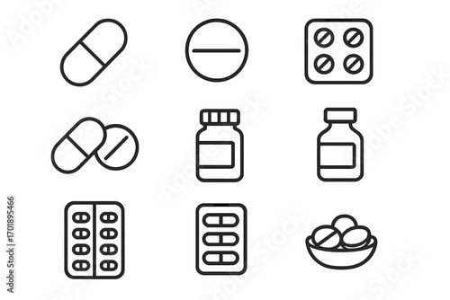Pills and medication line icon set. Pharmacy, drug store and healthcare symbols. Vector outline illustration of tablet, capsule, medicine bottle and blister pack. Health.