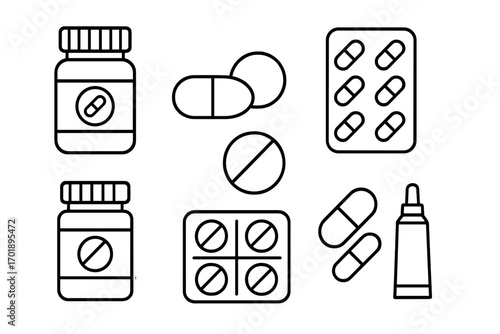 Pills and medication thin line icon set. Vector symbols for drugs, capsules, tablets, bottle, and blister pack. Pharmacy and healthcare concept. Editable stroke illustration.