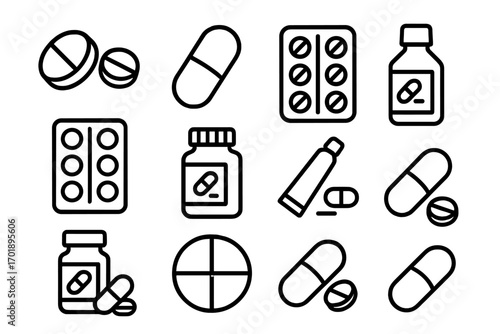 Medicine and pharmacy line icon set. Pills, capsules, tablets, bottles. Vector outline symbols for healthcare, web, ui, apps. Editable stroke cartoon illustration.