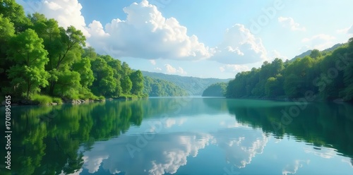 Serene blue lake reflecting lush green trees and white fluffy clouds under a bright sky
