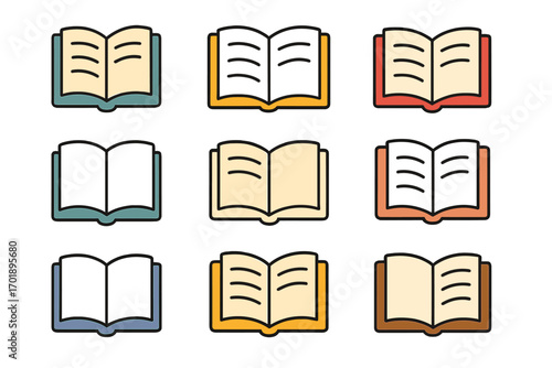 Opened book color icon set. Minimalistic linear pictogram collection for web and graphic design. Reading, library and education symbol. Vector cartoon illustration for apps.