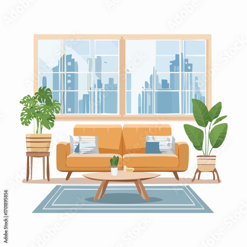 Modern Living Room Interior With City View