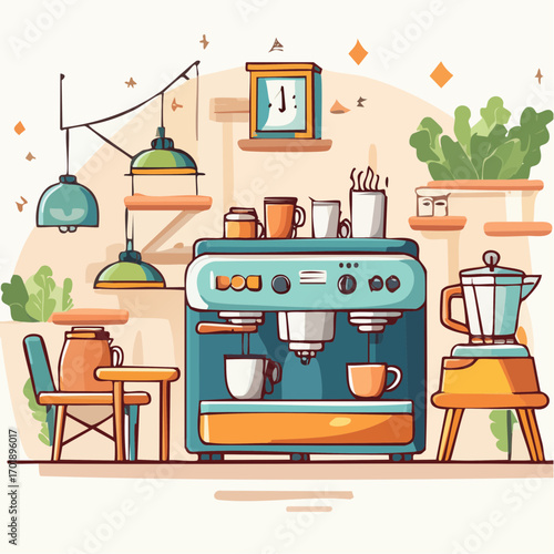 Pixel Art Coffee Shop Interior With Espresso Machine
