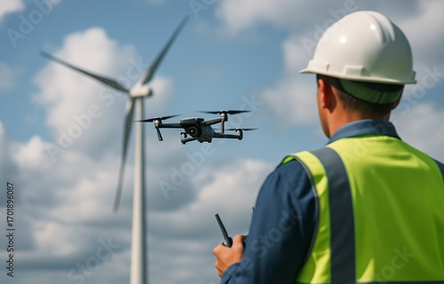 Drone in sharp focus inspecting wind turbine with operator in safety vest and hard hat controlling in background