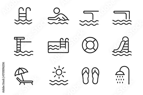 Swimming pool line icon set. Summer vacation, water park and beach concept. Minimal vector symbols for web, UI, UX. Includes swim, slide, dive, sun, and lifebuoy.