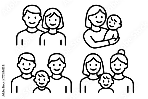 Family diversity icon set. Linear vector illustration of parents and child. Includes heterosexual, gay, lesbian couples. Mother with baby. Simple people pictogram for apps and web.