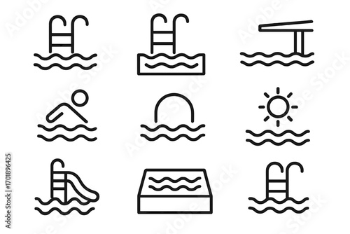 Swimming pool icon set. Water sport and summer vacation line icons. Vector symbols for swim, dive, slide, sun, and recreation. Minimalist pictograms for web and apps.