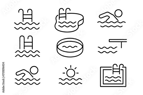 Swimming pool line icon bundle. Minimalistic pictogram for web and graphic design. Summer vacation, water sport and recreation concept. Swimmer, ladder, diving board vector.