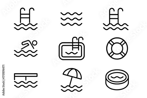 Swimming pool line icon set. Summer water fun, sport and recreation symbols. Vector pictogram collection for web, app design. Includes swimmer, ladder, lifebuoy, umbrella.