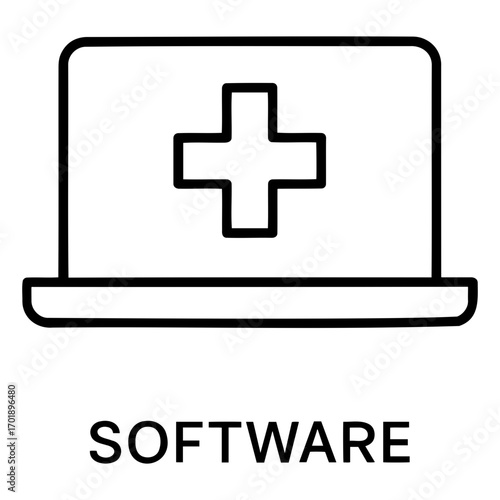 Illustration of a laptop displaying a medical cross symbol on its screen in outline style