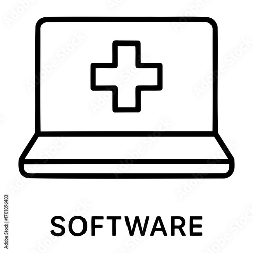 Laptop displaying a medical cross symbol on its screen representing healthcare software