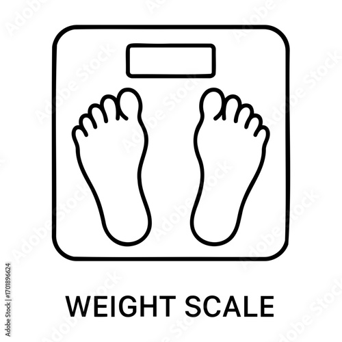 Outline drawing of a weight scale with two feet standing on it in a minimalist style.