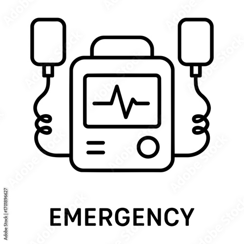Illustration of a defibrillator with paddles and a screen displaying a heartbeat wave
